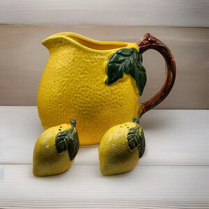Hand Painted Majolica Lemon Water Drink Pitcher & Matching Pepper & Salt Shakers